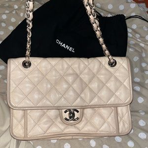 Authentic Chanel French Riviera Flap Bag Medium Quilted Caviar Leather